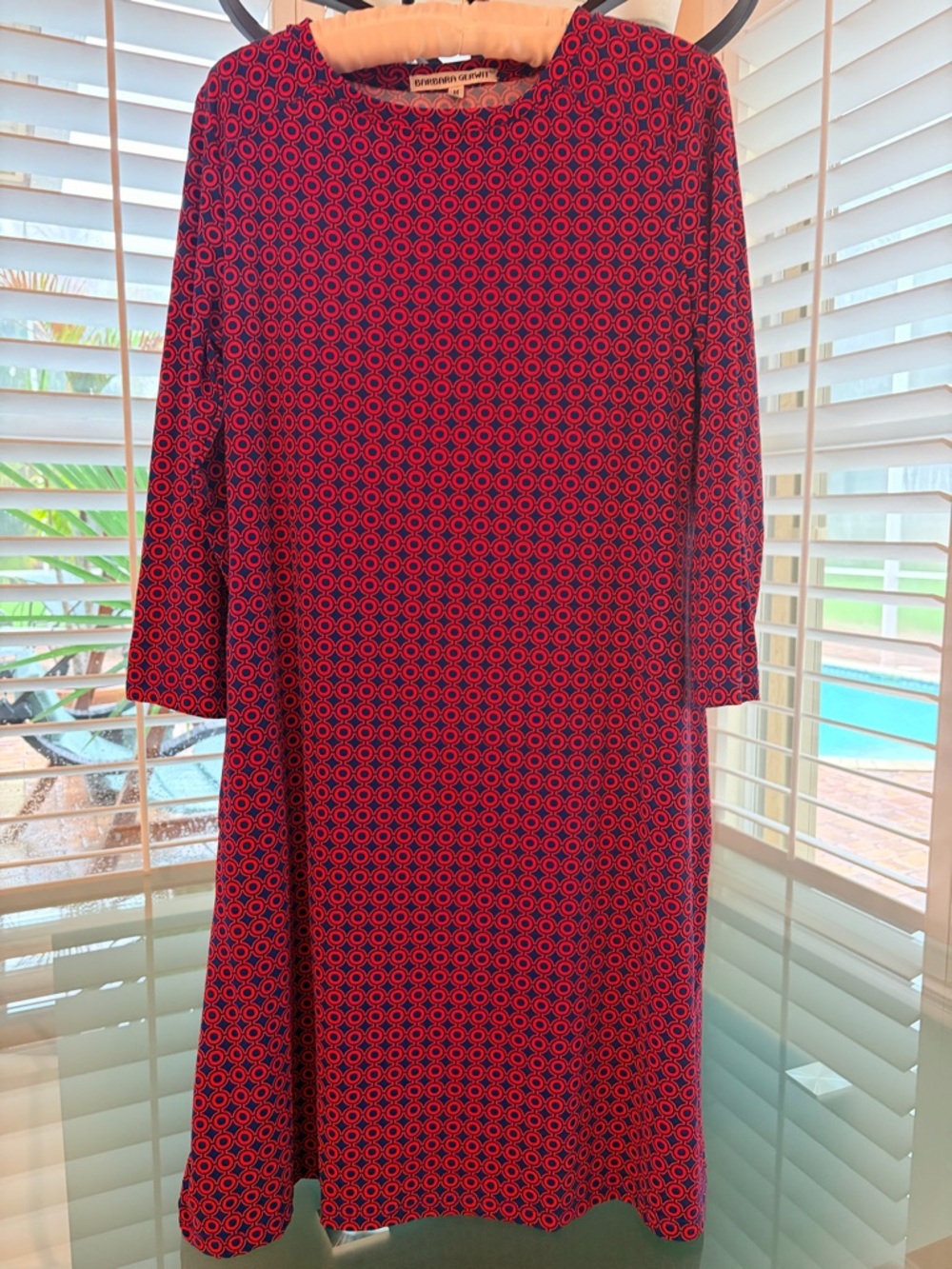 Barbara Gerwit Geometric Red Blue Sz M Stretch 3/4 Sleeve Dress EUC POCKETS